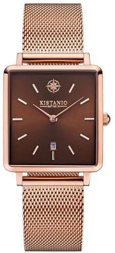 Kistanio Carre Damenuhr mit Milanaiseband Datum Edelstahl Rose Braun Saphirglas CAR-RG-BR-M