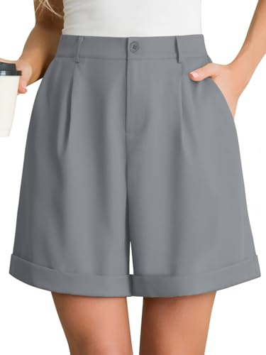 Ninee Damen Sommer Dressy Casual Elastische Taille Weites Bein Anzug Shorts Arbeit Shorts(Grey,Large)