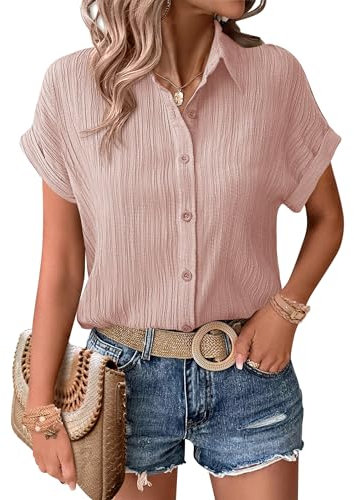 Zeagoo Blouses Women's Summer Short Sleeve Dress Shirt with V Neck Comfy Button Down Casual Tops for Ladies Work Office Lightpink-S