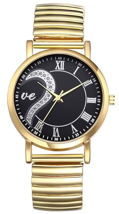 JewelryWe Damenuhr Herz Elastische Uhren: Strass Semi Herz Buchstaben Love Analog Quarz Armbanduhr Damen Gold Edelstahl Stretch Armband Uhr mit Zugarmband & Schwarz Römischen Ziffern Zifferblatt