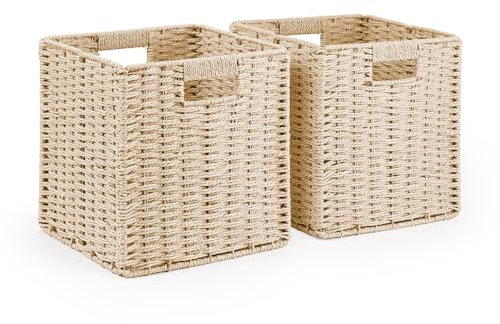 Woodluv Set of 2 Storage Cube Baskets, Wardrobe Organiser Toy Storage Baskets for Shelves, Cream, 25 x 23 x 25 cm