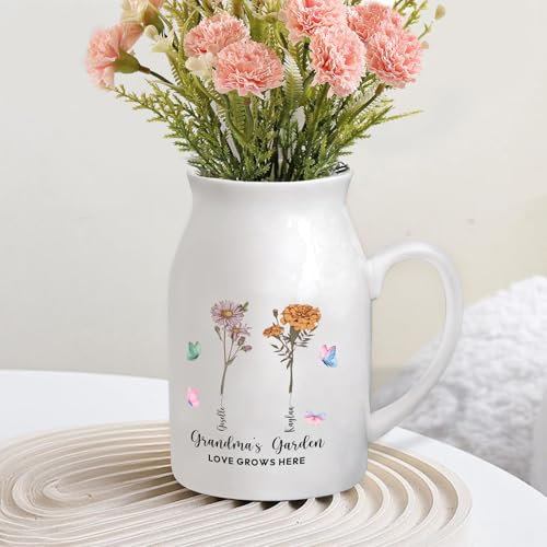 Jeweidea Personalisierte Keramikvase mit Gravur Namen Foto Geschenk für Mama, Geschenk für Oma, Muttertagsgeschenke für Mama, Weiße Blumenvase Moderne Esstisch Wohnzimmer Dekoration (Geburtstagsblume)