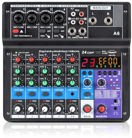 XTUGA A6 Mischpult, Audio-Mixer, 6 Kanäle, USB-Mischpult mit Bluetooth und 48 V Phantomspeisung, Loop-Funktion, geeignet für Shows, Meetings und Live-Streamings