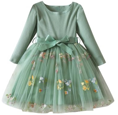 JiAmy Flower Girls Dresses Embroidery Bow Dress Kids Long Sleeves Ribbed Knit Top Tulle Skirt with Belt for 3-4 Year Old, Green Flower