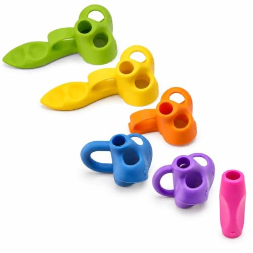 quyueug 6 Pack Pencil Grips for Children, Silicone 3-Stage Writing Grip Set | Soft finger guides suit home, school and handwriting practice, with varied shapes for either hand and easy colour coding.