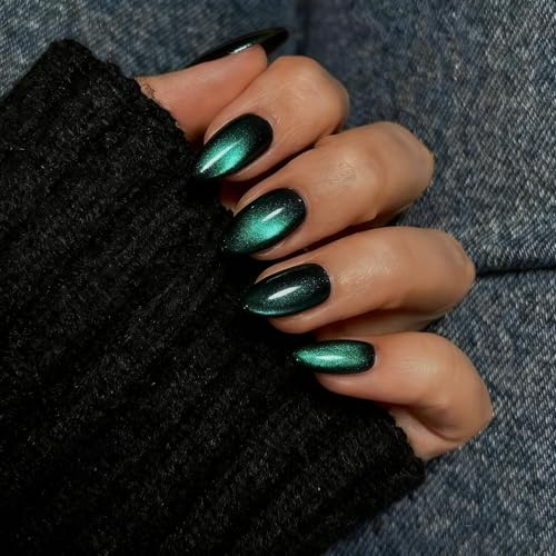 SXVME Press On Nails Short Almond - Emerald Green to Black False Nails Short Stiletto, Glitter Cat Eye Fake Nails Set, Reusable Cute Dark Gel Glue On Nails with Color-Shifting Glow, 30 Pcs