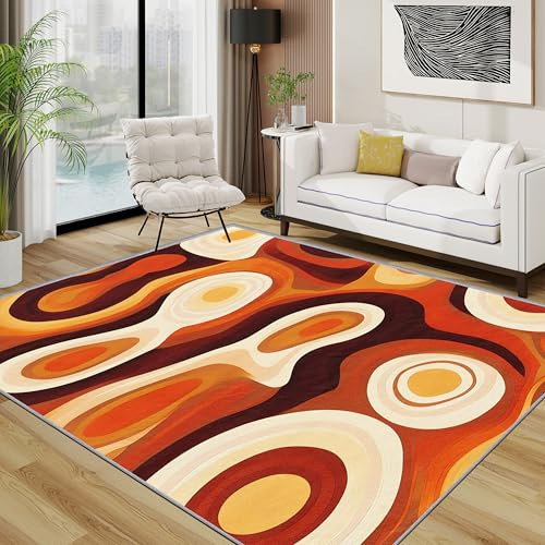 TerroVee 70er Teppich 200x200 cm, Retro Abstrakt Groovy Waschbarer Teppiche Wohnzimmer, Hippie Mid Century Modern rutschfest Antirutsch Groß Teppiche Für Esszimmer, Quadratisch, Orange Braun Creme