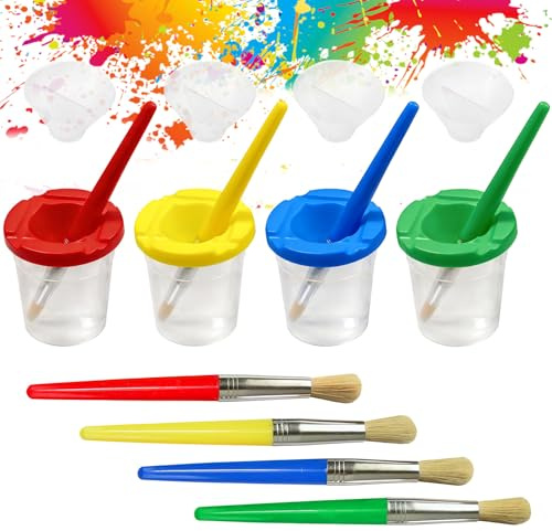 Farbbecher mit Verschüttschutz, Malbecher Set Kinder, 4 Farben Kein Spill Malbecher mit Deckel & 4 Stück Pinsel, Ideal für Wasserfarben und Basteln