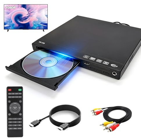Mini DVD Player for TV, All Region Free 1080P Small CD/DVD Player for Home | 1080P HD HDMI/AV Output, USB 2.0 Port, Remote Control, AV/HDMI Cables, Compact Portable DVD Player for Home, RV, Seniors