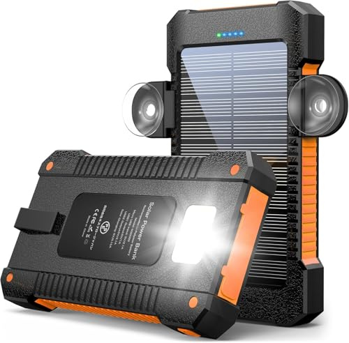 Solar Powerbank 26800 mAh mit Saugnapfhalterung, Powerbank Externe Akkus 3 USB Anschlüsse mit Taschenlampen Dauerlicht/SOS/Stroboskop wasserdichte Outdoor Solar Ladegerät für Handy (Orange)