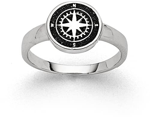DUR Ring Kompass aus 925 Sterling Silber mit Lavasand veredelt, Größe: 58, Silber/Schwarz, R5158.58