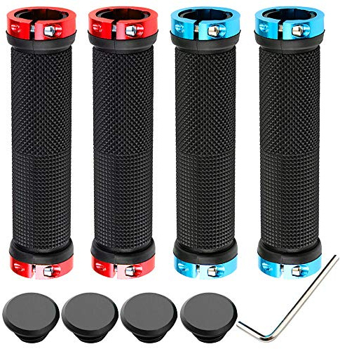 QitinDasen 2 Pairs Bike Handlebar Grips, Non-Slip Rubber Bicycle Handle Grips with Aluminum Double Lock, Bike Handle Protector for MTB BMX (Blue + Red)