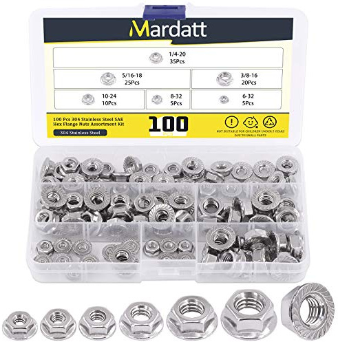 Mardatt Kit assortito di dadi flangiati esagonali in acciaio inox SAE 304, 100 pezzi, 6 misure, 1/4-20 5/16-18 3/8-16 10-24 8-32 6-32
