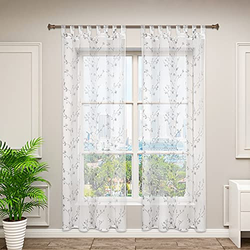 WOLTU 2er Set Gardinen transparent Blumen Stickerei mit Schlaufen Leinen Optik, Doppelpack Vorhang Stores Voile Fensterschal Dekoschal für Wohnzimmer Schlafzimmer, 140x225 cm, Grau