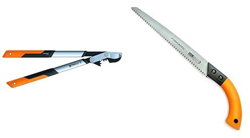 Fiskars PowerGear X Bypass-Getriebeastschere für frisches Holz, Länge: 64 cm, Schwarz/Orange, LX94-M & Handsäge für frisches Holz, Mit feststehendem Blatt, Sägeblattlänge: 33 cm, Schwarz/Orange, SW84
