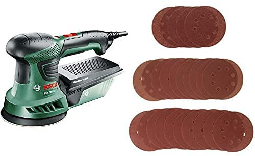 Bosch Exzenterschleifer Bosch PEX 300 AE + 25-tlg Schleifblatt-Set (für Hart und Weichholz, Holzwerkstoffe, Spanplatten und Metall)