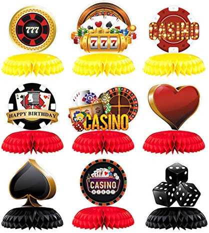 9 Stück 3D Casino Waben-Mittelstücke Poker Las Vegas Tischaufsätze Spiel Abend Dekoration für Casino Nacht Geburtstag Babyparty Supplies