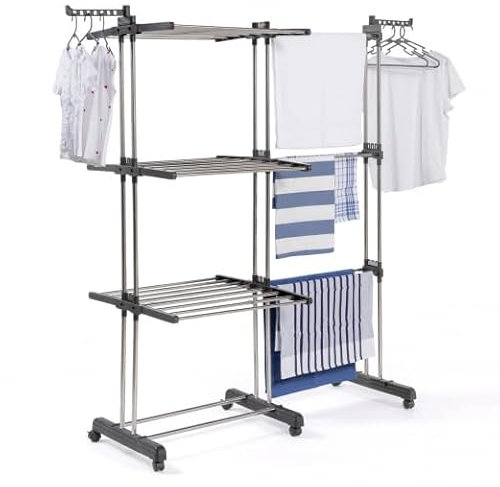 IDMarket - Séchoir à Linge Vertical Pliable et Extensible 3 Niveaux GIGA capacité 27M avec cintres et Pinces INOX et Gris