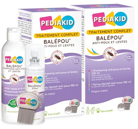 PEDIAKID - Traitement complet Balépou® anti-poux et lentes - 1 Shampoing Anti-Poux et Lentes 200 ml + 1 Spray Répulsif 100 ml + 1 peigne - Lot de 2