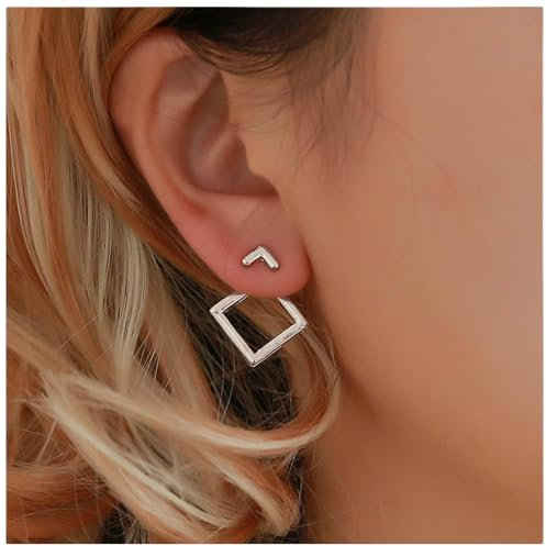 Dervivea Boho Quadratische Jacke Ohrringe Hohle Quadratische Ohrstecker Minimalistische V-Ohr Jacke Ohrring Silber Geometrie Ohrringe Schmuck für Frauen und Mädchen