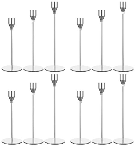 Set mit 12 silbernen Kerzenhaltern, Kerzenhalter aus Metall, passend für 3/4-Zoll-Stumpenkerzen, Elegante Dekoration für Essen, Verabredungen, Partys, Jubiläen, Abendessen bei Kerzenschein
