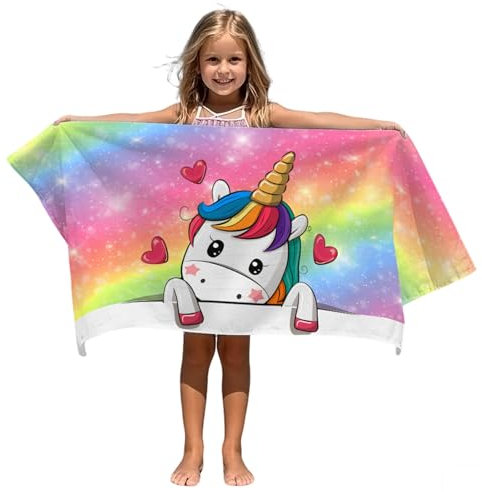 FEELJAM Damen Duschtuch Einhorn Strandtuch 80 x 160 cm Kinder Badetuch Schnelltrocknendes, Mädchen Strandtücher Damen Schwimmen Duschtuch - Regenbogen Einhorn