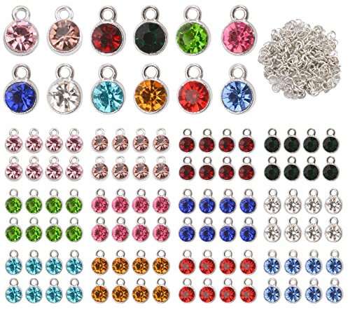URROMA 96 Stück Silberrand Geburtstag Stein Anhänger, runde Kristall-Geburtsstein-Anhänger mit offenen Binderingen für Schmuck, Halsketten, Armbänder, Ohrringe, Zubehör zur Herstellung von Schmuck