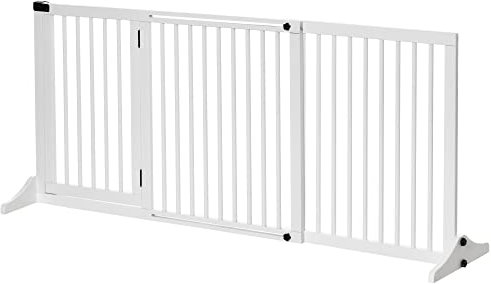 PawHut Barrera para Perros Extensible Barrera de Seguridad para Perros de 3 Paneles con Longitud Ajustable Marco de Madera y Soporte de Pie 113-166x36x71 cm Blanco