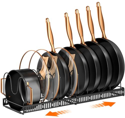 MUDEELA Pots and Pans Organiser, Rack for under Cabinet, Expandable Pot Lid Kitchen Cupboard Organiser Holder with 10 Adjustable Compartment, for Cutting Board, Cast-iron Pan, Heavy Cookware