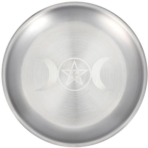 Altar Candle Tray - Pentagram Moon Pattern - Silver White Iron Burning Tray - 5.46 Round Altar Plate for Rituals, Ceremonies & Decor
