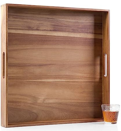 Extra Large Square Wood Tray, Generously 22 Acacia Serving Trays for Large Ottoman Coffee Table, Giant Square Shape Sofa Tray with Handles, Kitchen Organizer Storage Trays Huge Counter Serveware