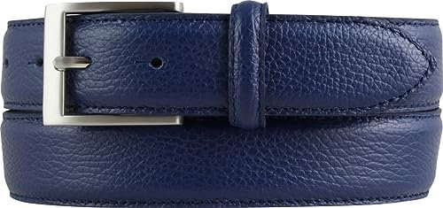 Italienischer Anzug-Gürtel, 35 mm breit, Herren, Anzuggürtel, Hosengürtel, strukturiertes Leder, Schließe Silber | Blau 105cm