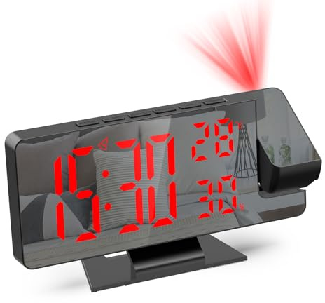 Ankilo Projektionswecker, Wecker Digitaler mit Temperatur & Feuchtigkeit, LED-Uhr, elektronische Tischuhr, Reisewecker, einstellbare Helligkeit, 12/24H Anzeige, Digitaluhr für Haus, Schlafzimmer,Büro