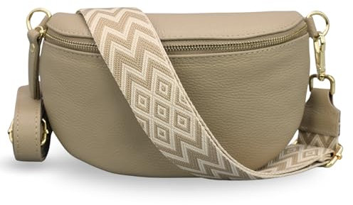 ADEL Bauchtasche Damen Echtleder Emma Gold Handgemachte Umhängetasche Crossbody Bag mit Optionalen Breiten Gemusterten Riemen Stylische Hüfttasche Made in Italy (Taupe-Gold 4, Medium)