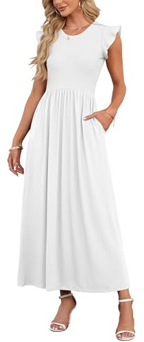 AUSELILY Robe D'été Col Rond à Manches Courtes avec Poches Jupe de Fête BlancÉlégante Robe Longue Taille Haute Élastique(Blanc, M)