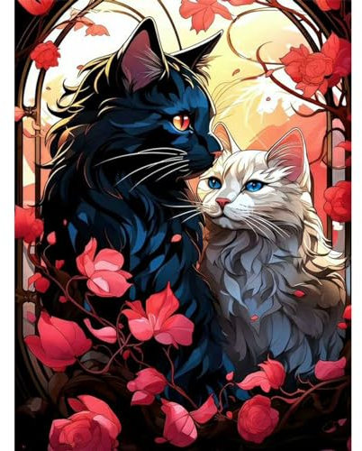 TOSTOG Diamond Painting für Erwachsene Anfänger,Diamant Painting Bilder Schwarze Katze Weiße Katze und Blume 5D DIY Full Drill Diamant Malerei Stickerei Strass für Wand Heimdecor 30x40cm