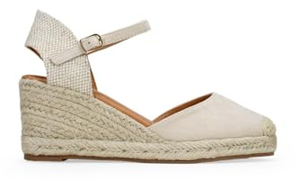 BOSANOVA Alpargatas de Mujer confeccionadas en Ante Vegano con Detalle de Puntera Cerrada en Canvas y cuña de Esparto. Cierre de Pulsera con Hebilla. Calzado para Mujer Beige 37