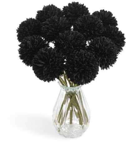 Serra Flora Black Artificial Chrysanthemums Flowers Ball Flowers, Fake Mums Flowers White Silk Flowers for Home Decor Indoor Floral Arrangement Table Centerpiece