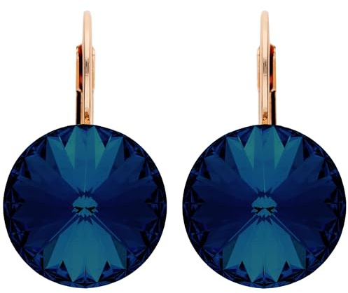 LÖB Brisur 750er Roségold Vergoldet Kristall Rund Saphirblau, Damen Ohrringe Hängend Ohrhänger Hänger Creolen Glitzer Strass Stein Saphir Blau Rose Gold Schmuck