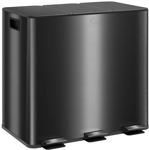 HOMCOM - Cubo de basura de cocina 45L con pedal de acero inoxidable con 3 compartimentos, tapa de cierre suave, cubos interiores extraíbles, para reciclaje y residuos, 3 x 15L, negro