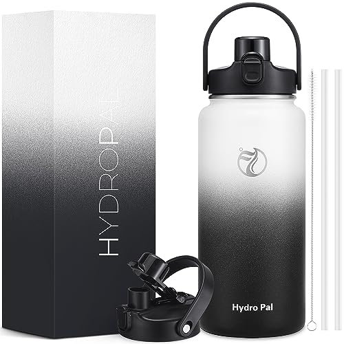 HydroPal Trinkflasche Edelstahl - 1200ml/1900ml mit Strohhalm und Henkel, BPA-Frei, Kohlensäure geeignet, flasche Metall, Aesthetic trinkflasche für Fitnessstudio (schwarz und weiß, 1900ml)