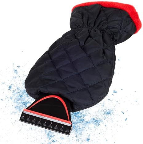 AUPROTEC Eiskratzer mit Handschuh gefüttert I Wärmender Schneekratzer Auto mit Handschuh I Scheibenkratzer Auto mit Eisbrecherkante und Gummizug - Schwarz-Rot