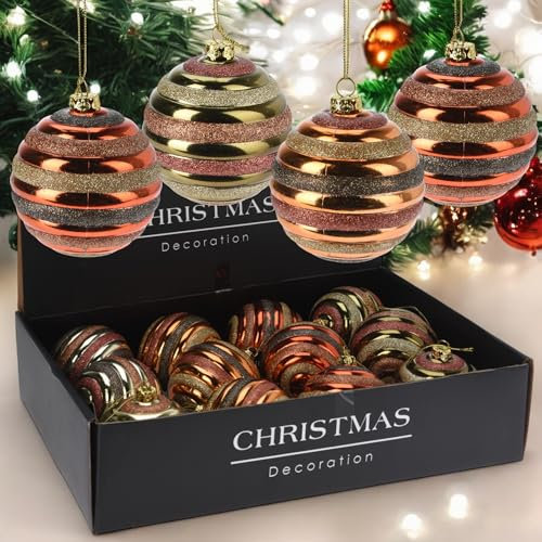 MIJOMA - Set di 12 palline di Natale nostalgiche, indistruttibili, diametro 8 cm, decorazioni per albero di Natale con design unico e incantesimo vintage in verde, arancione, oro e marrone (set da 12)