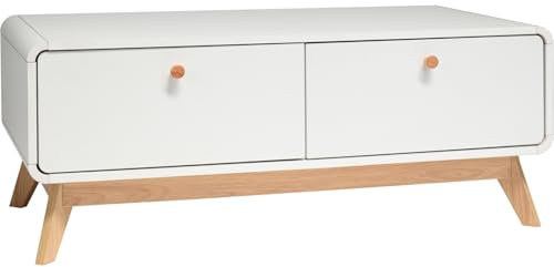 möbelando Lowboard >Janne< Audio-Board Janne in Weiß, 100 cm breit, mit 2 Schubladen, eleganten Eiche-Füßen und massiven Holzgriffen ? inkl. Aufbauanleitung, für Audio-Geräte & mehr.