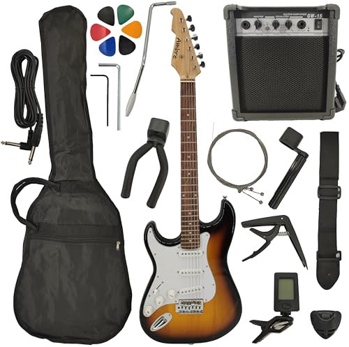 AMROVA Pack Guitare Electrique Adulte (Droitier ou Gaucher) + Ampli 15 Watts + 12 Accessoires (Sunburst, Gauche)