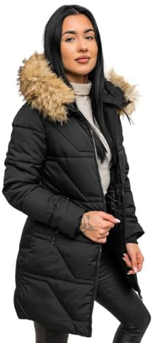 BOLF Damen Winterjacke Parka Gefüttert Kapuze Wintermantel Lange Steppjacke Daunenjacke Puffermantel Sportjacke Warm Gefüttert Freizeit Outdoor Casual Style 16M9099 Schwarz-Braun XL [D4D]