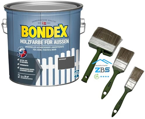 zbs24 Bondex Holzfarbe für Außen, hochdeckender Wetterschutzanstrich, Wetter- & UV-beständig, atmungsaktiv inkl. 3-teiligem Pinselset (anthrazit, 7,5 Liters)