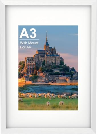 A3 Picture Frame, Wooden A3 White Photo Frame 42 x 29.7 cm with A4 Mount, Poster Frame for Certificates and Artwork, Wall Mount Horizontal or Vertical