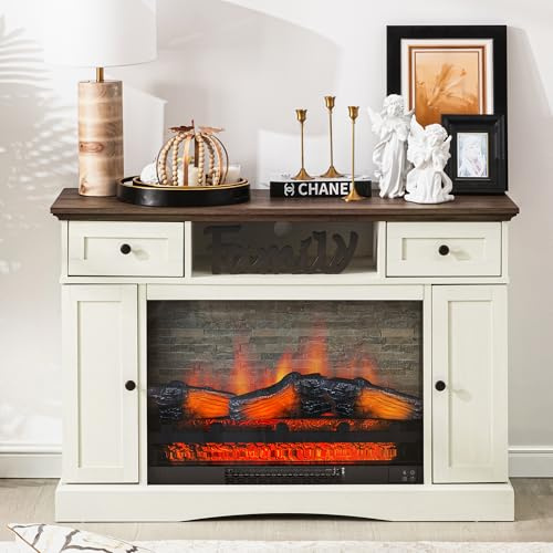 FansaFurn - Soporte de TV con chimenea eléctrica de 28 pulgadas, mesa de consola multimedia con estantes ajustables y doble puerta, centro de entretenimiento para televisores de hasta 55 pulgadas para