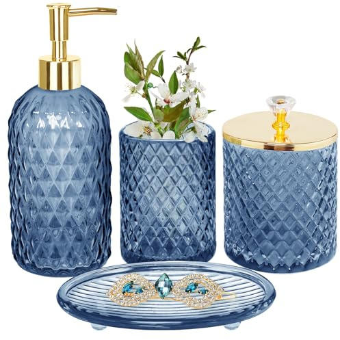 Blue Bathroom Accessories Set, 4Pcs Glass Bathroom Accessory Set Complete w/Lotion Soap Dispenser, Toothbrush Holder, Qtip Holder, Soap Dish, Gold Bathroom Decor Sets, Gift for Home Apartment